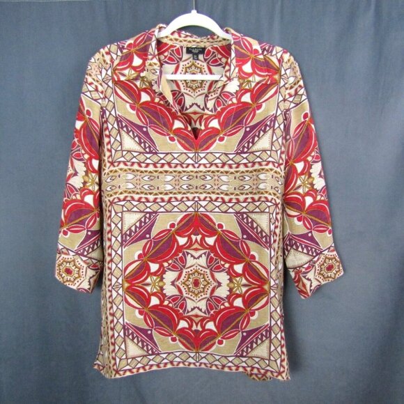 Talbots Silk Linen Tunic Top Red Tan Purple Size 10 Petite 3/4 Sleeve Semi Sheer - Picture 7 of 7